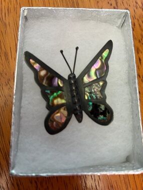 Iridescent Abalone Butterfly Brooch - Black Frame